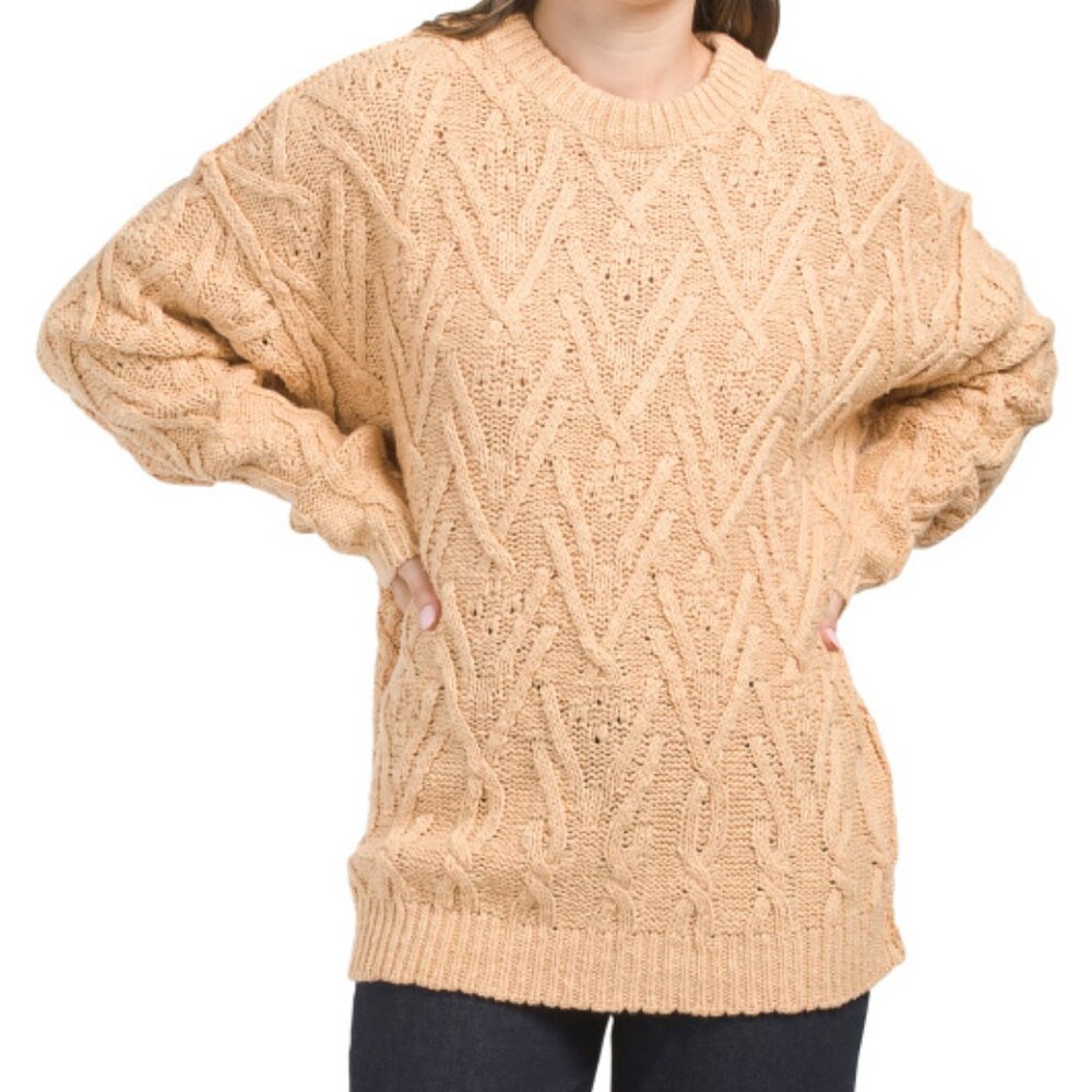 Free People Isla Cable Tunic Sweater, Neutral Cotton Size Small (S) NWT